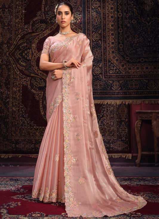Pink Georgette Party Wear Saree With Sequins, Thread and Zari Work