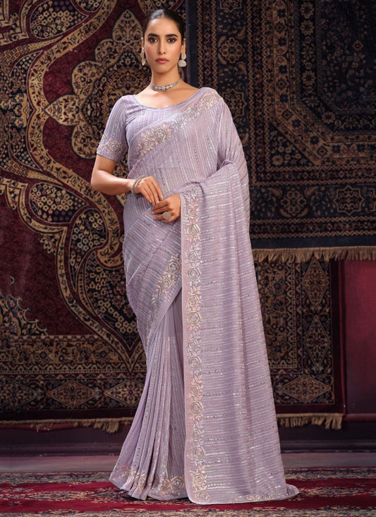 Lavender Georgette Party Wear Saree With Sequins, Thread and Zari Work