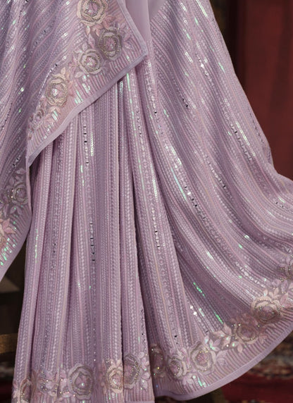 Lavender Georgette Party Wear Saree With Sequins, Thread and Zari Work