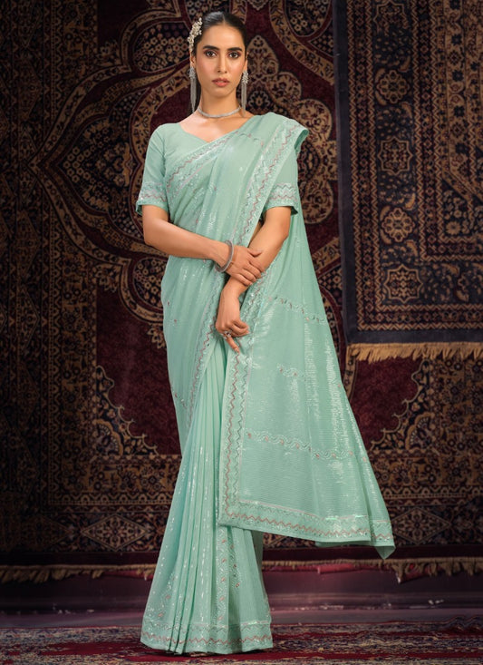 Sea Green Georgette Party Wear Saree With Sequins, Thread and Zari Work
