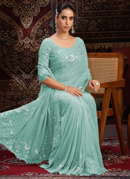 Sky Blue Georgette Party Wear Saree With Sequins, Thread and Zari Work