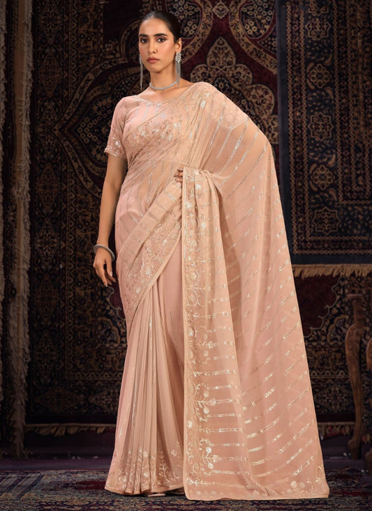 Peach Georgette Party Wear Saree With Sequins, Thread and Zari Work