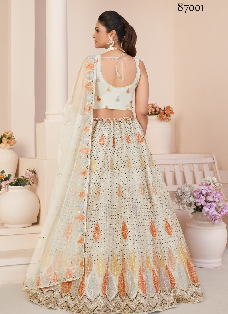 White Soft Net Party Wear Lehenga Choli with Thread and Sequins Work-2