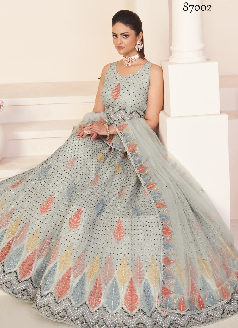 Gray Soft Net Party Wear Lehenga Choli with Thread and Sequins Work-2