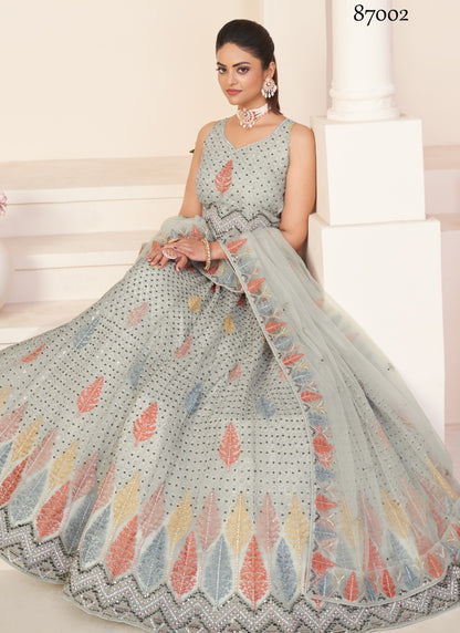 Gray Soft Net Party Wear Lehenga Choli with Thread and Sequins Work-2