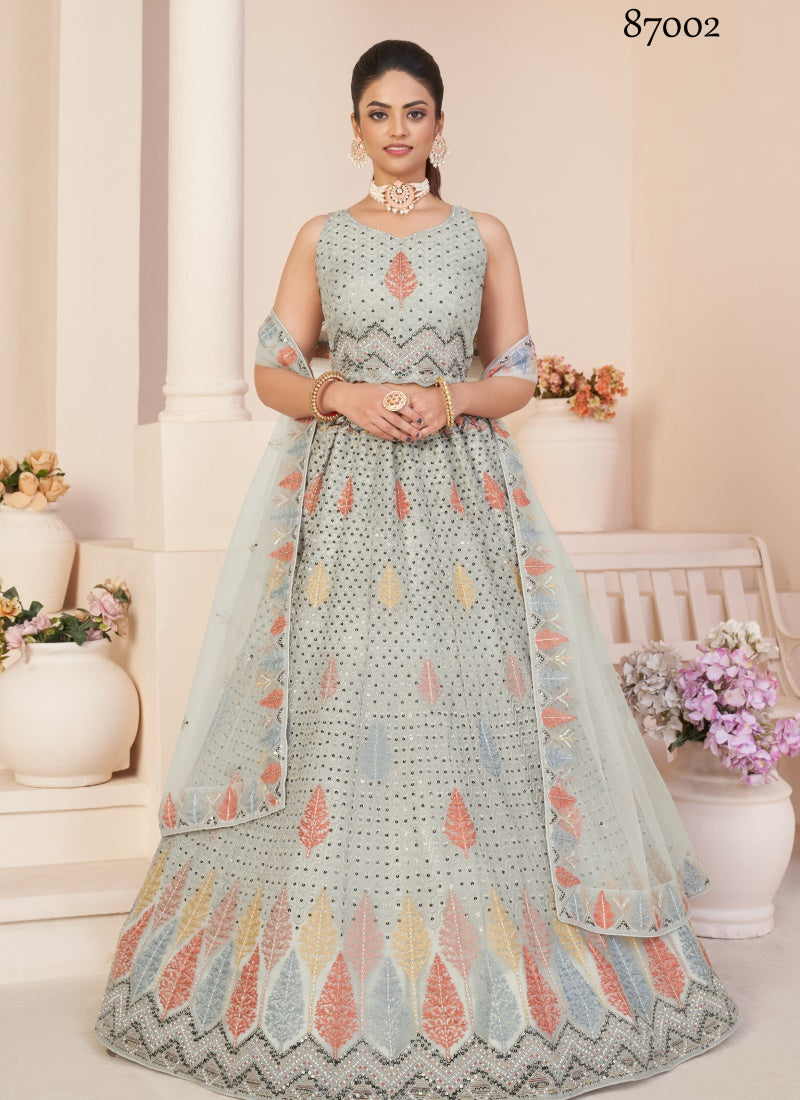 Gray Soft Net Party Wear Lehenga Choli with Thread and Sequins Work