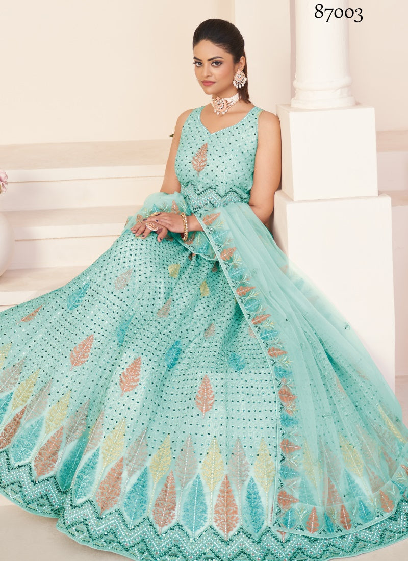 Sea Green Soft Net Party Wear Lehenga Choli with Thread and Sequins Work-2