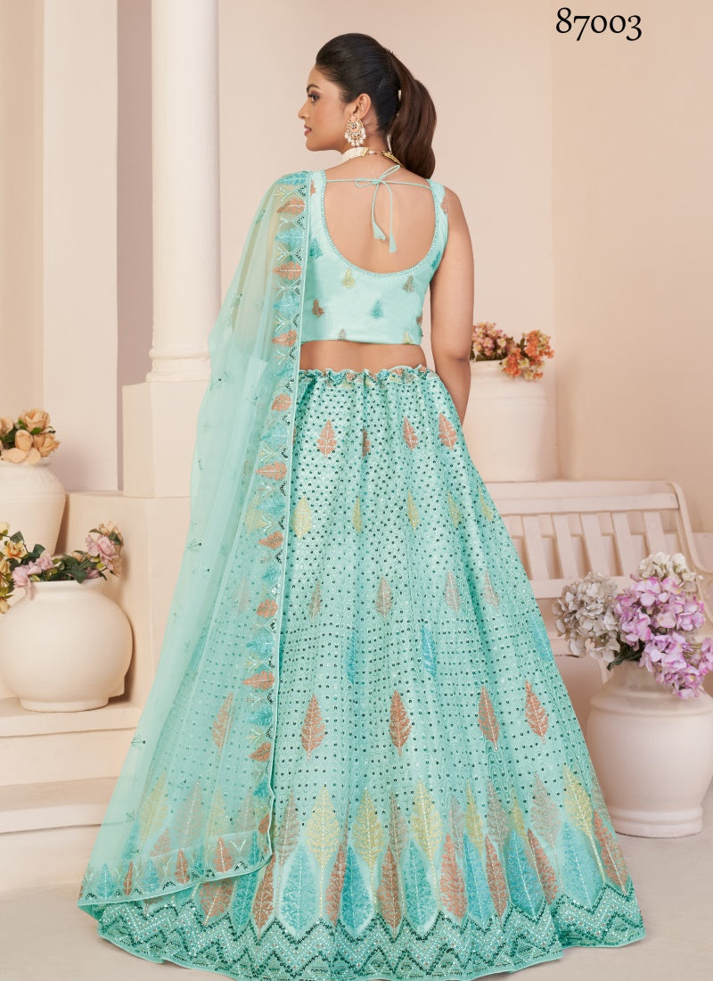 Sea Green Soft Net Party Wear Lehenga Choli with Thread and Sequins Work-2