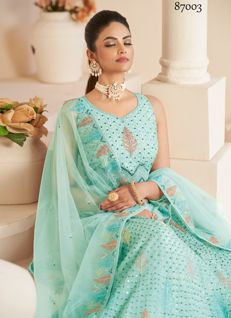 Sea Green Soft Net Party Wear Lehenga Choli with Thread and Sequins Work-2