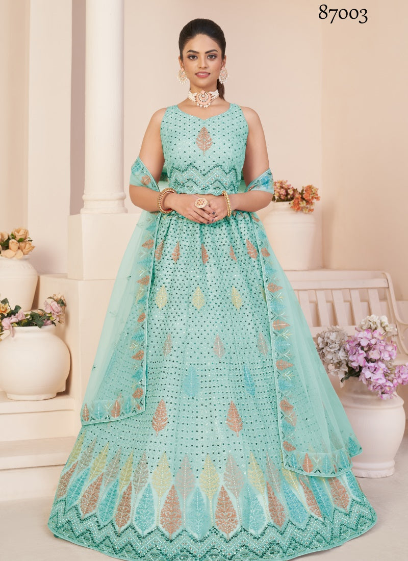 Sea Green Soft Net Party Wear Lehenga Choli with Thread and Sequins Work