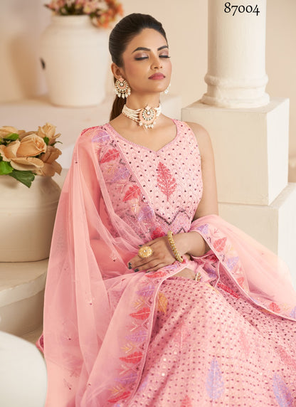 Pink Soft Net Party Wear Lehenga Choli with Thread and Sequins Work-2