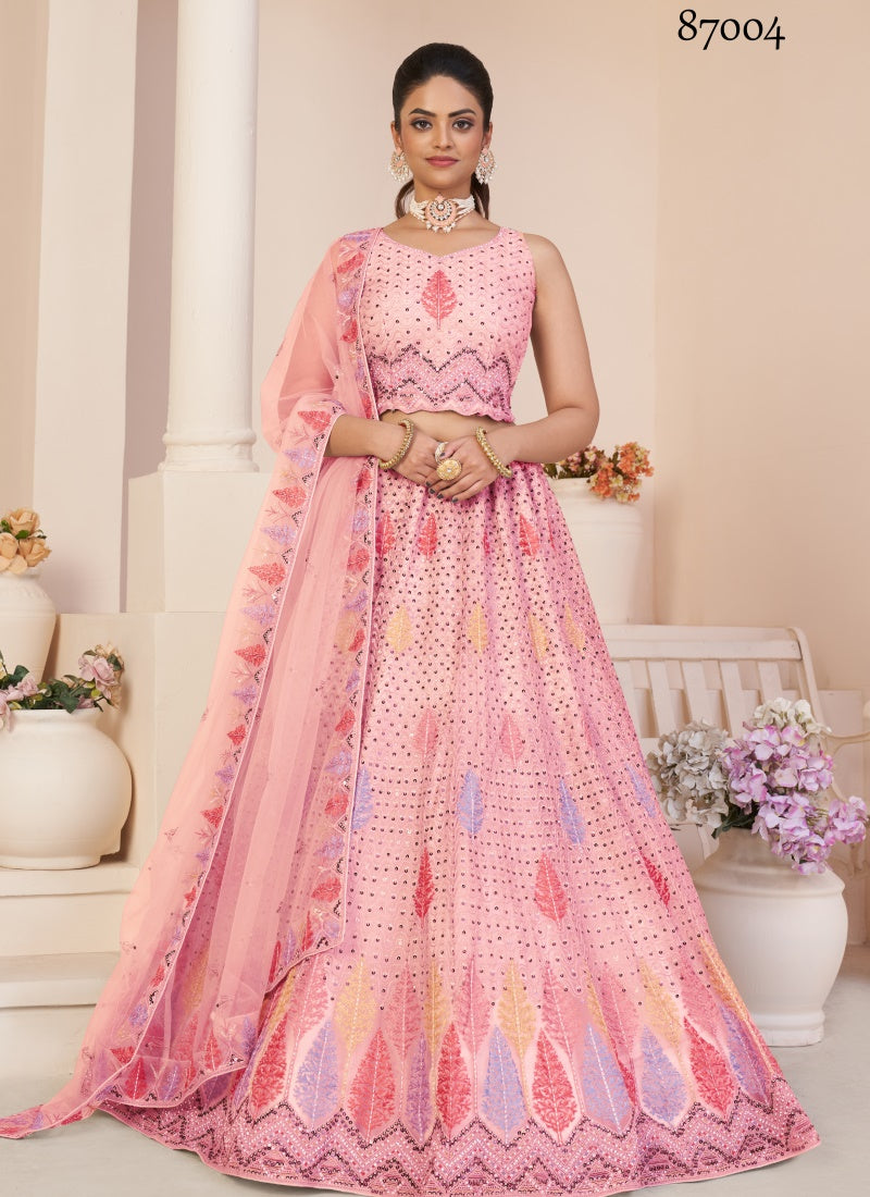 Pink Soft Net Party Wear Lehenga Choli with Thread and Sequins Work