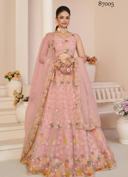 Pink Soft Net Party Wear Lehenga Choli with Thread and Sequins Work