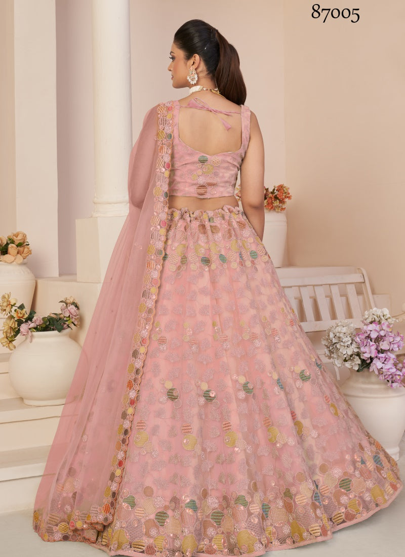 Pink Soft Net Party Wear Lehenga Choli with Thread and Sequins Work-2