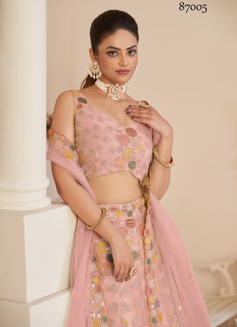 Pink Soft Net Party Wear Lehenga Choli with Thread and Sequins Work-2