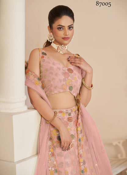 Pink Soft Net Party Wear Lehenga Choli with Thread and Sequins Work-2