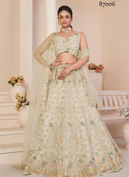 White Soft Net Party Wear Lehenga Choli with Thread and Sequins Work