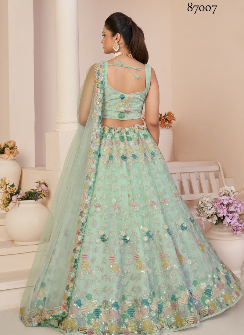 Sea Green Soft Net Party Wear Lehenga Choli with Thread and Sequins Work-2