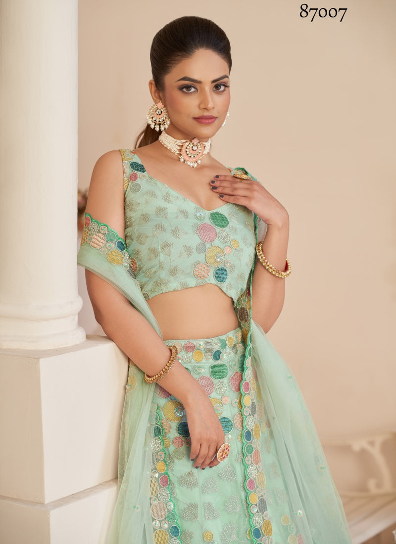 Sea Green Soft Net Party Wear Lehenga Choli with Thread and Sequins Work-2