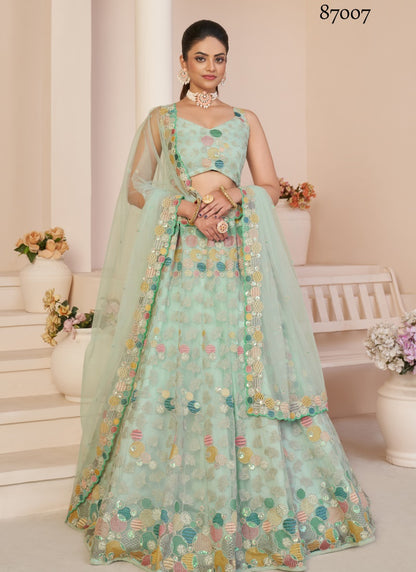 Sea Green Soft Net Party Wear Lehenga Choli with Thread and Sequins Work