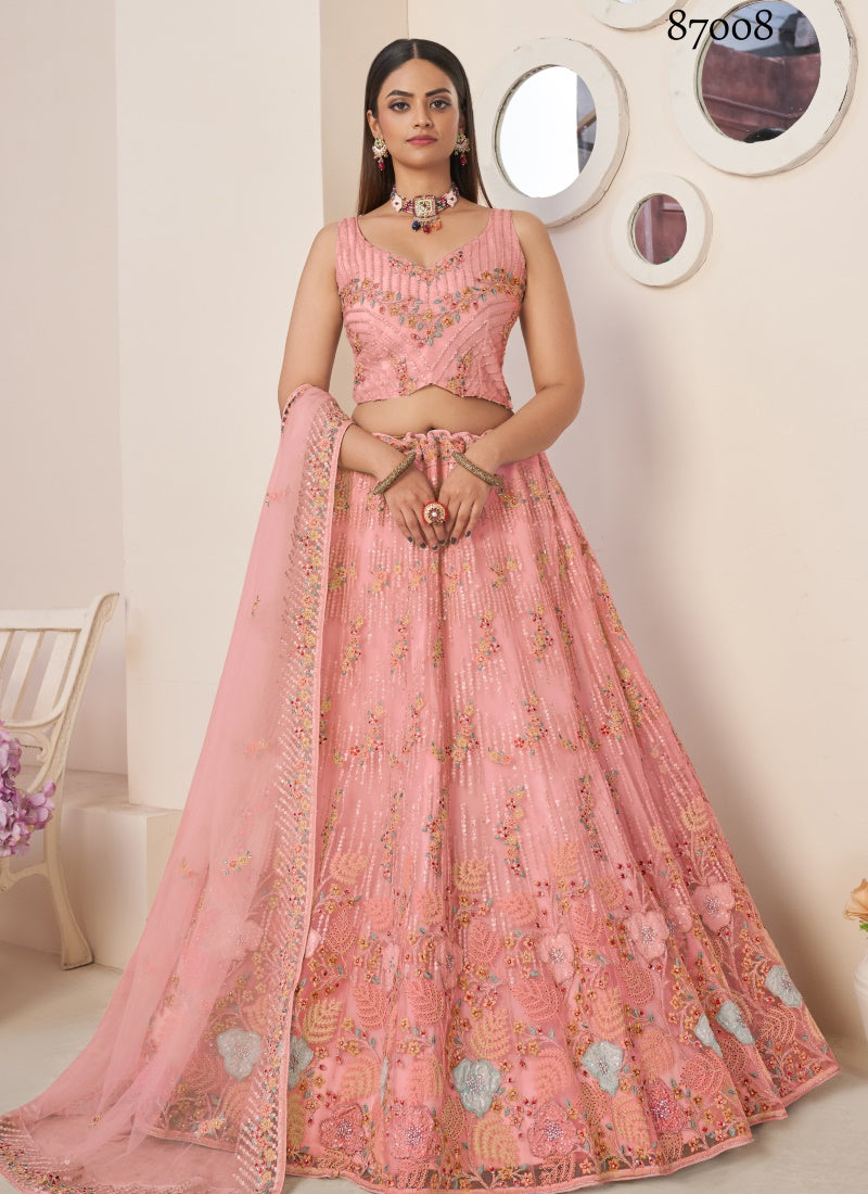 Pink Soft Net Party Wear Lehenga Choli with Thread and Sequins Work