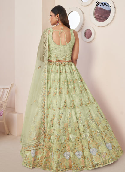 Green Soft Net Party Wear Lehenga Choli with Thread and Sequins Work-2