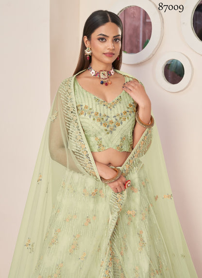 Green Soft Net Party Wear Lehenga Choli with Thread and Sequins Work-2