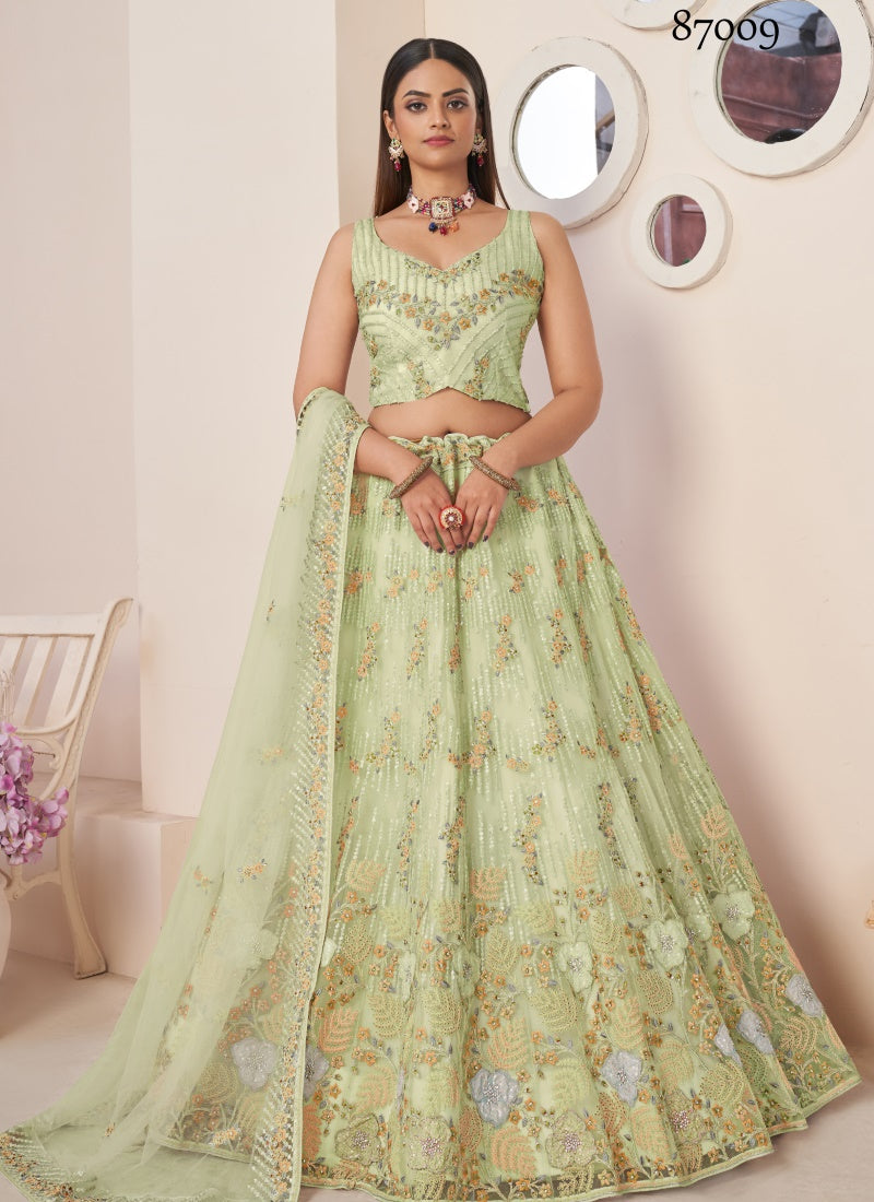 Green Soft Net Party Wear Lehenga Choli with Thread and Sequins Work