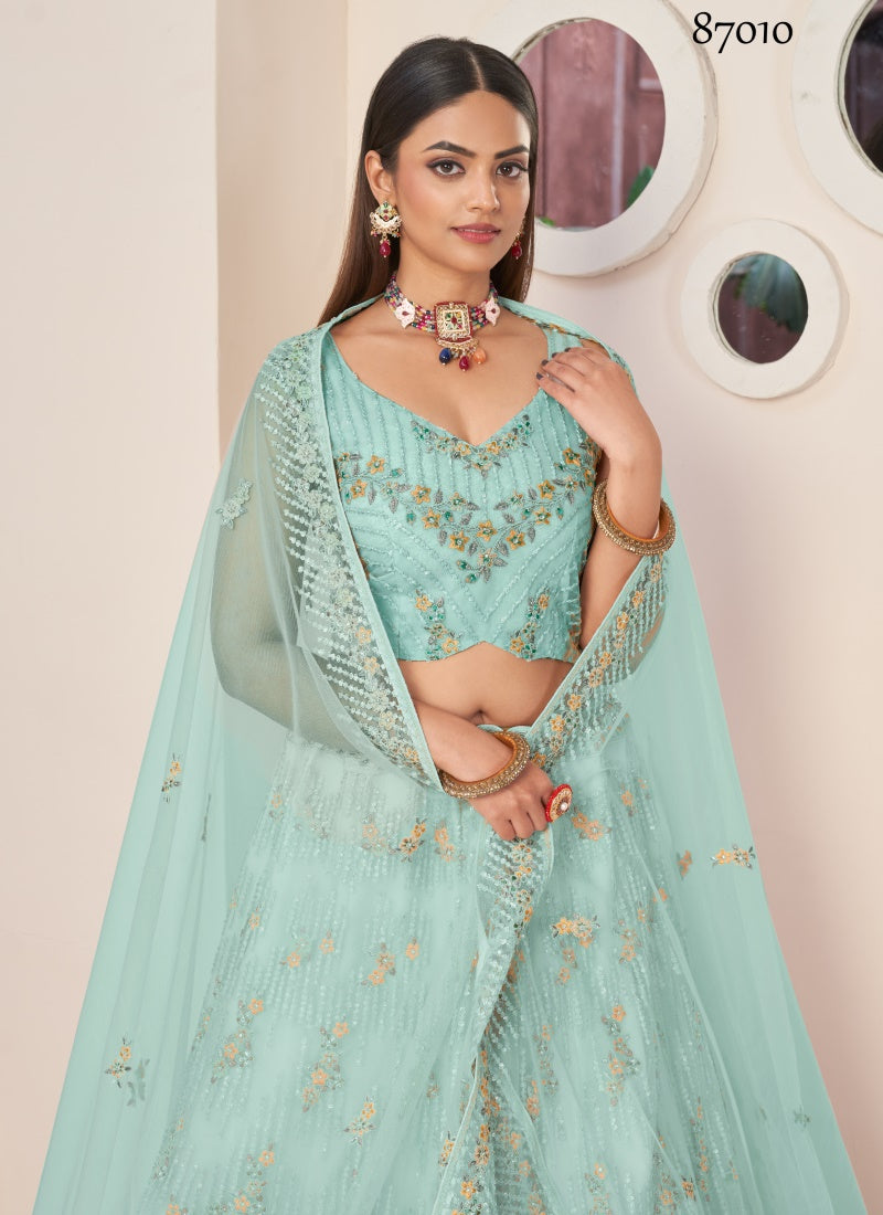 Sky Blue Soft Net Party Wear Lehenga Choli with Thread and Sequins Work-2