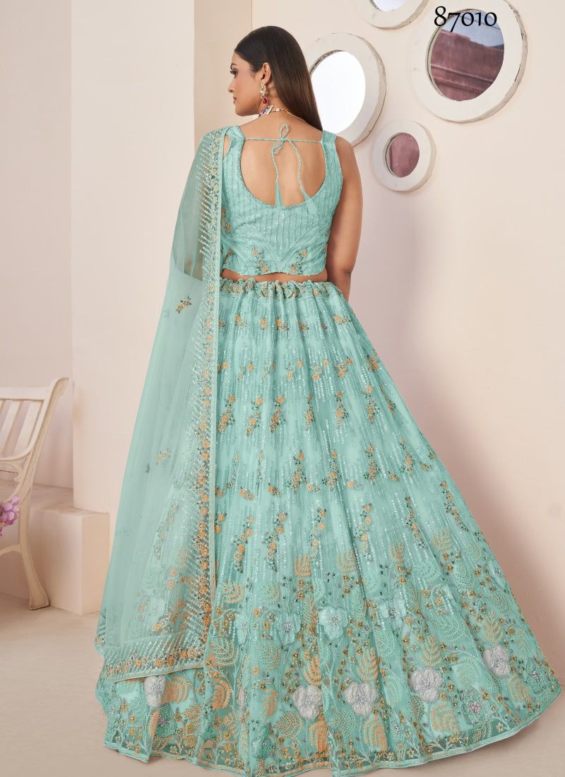 Sky Blue Soft Net Party Wear Lehenga Choli with Thread and Sequins Work-2