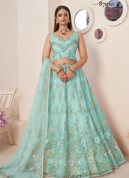 Sky Blue Soft Net Party Wear Lehenga Choli with Thread and Sequins Work