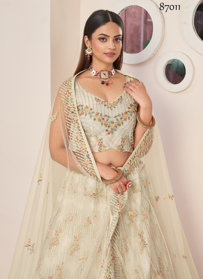 White Soft Net Party Wear Lehenga Choli with Thread and Sequins Work-2