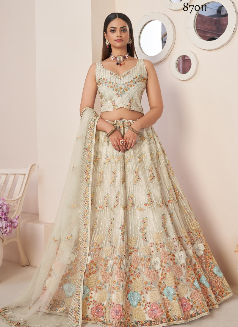 White Soft Net Party Wear Lehenga Choli with Thread and Sequins Work