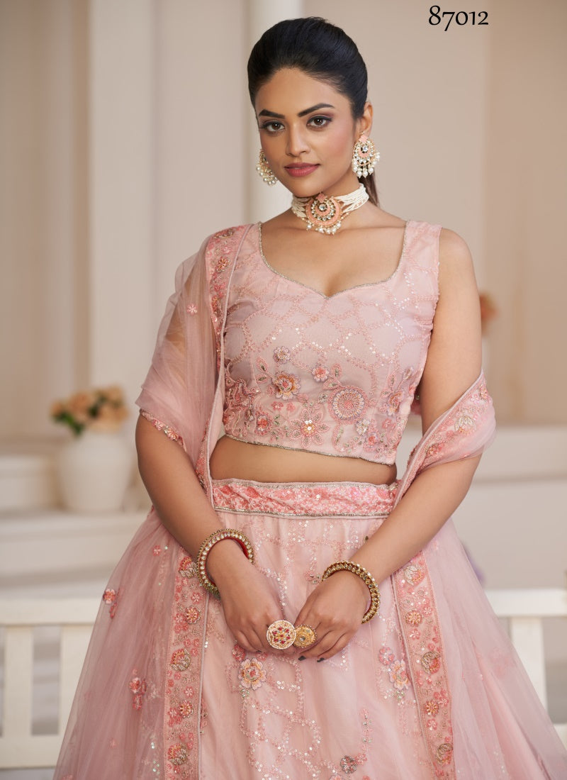 Pink Soft Net Party Wear Lehenga Choli with Thread and Sequins Work-2