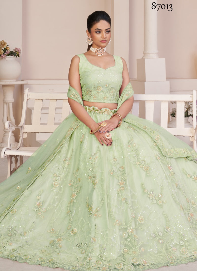 Pista Green Soft Net Party Wear Lehenga Choli with Thread and Sequins Work-2