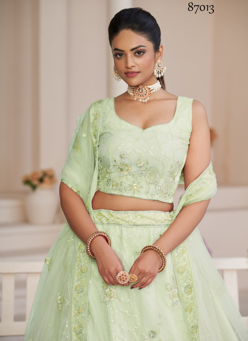 Pista Green Soft Net Party Wear Lehenga Choli with Thread and Sequins Work-2