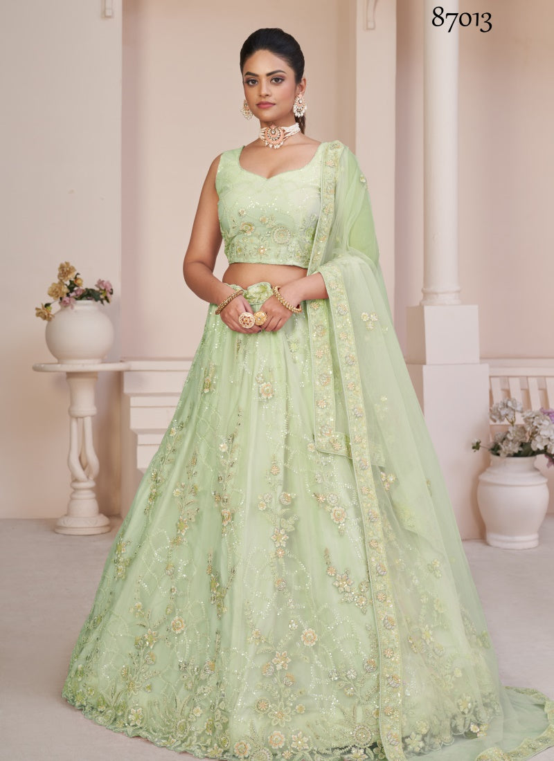 Pista Green Soft Net Party Wear Lehenga Choli with Thread and Sequins Work