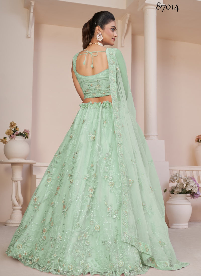 Sea Green Soft Net Party Wear Lehenga Choli with Thread and Sequins Work-2