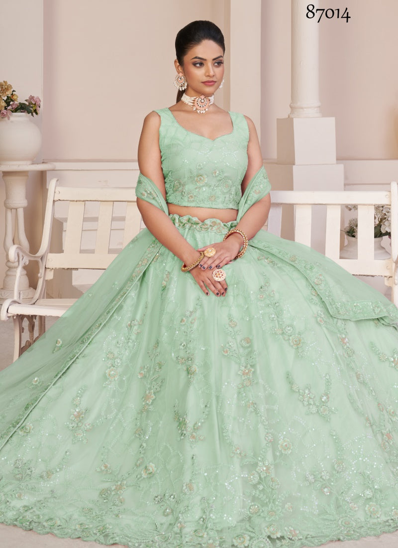 Sea Green Soft Net Party Wear Lehenga Choli with Thread and Sequins Work-2