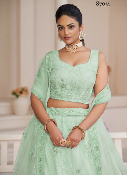 Sea Green Soft Net Party Wear Lehenga Choli with Thread and Sequins Work-2