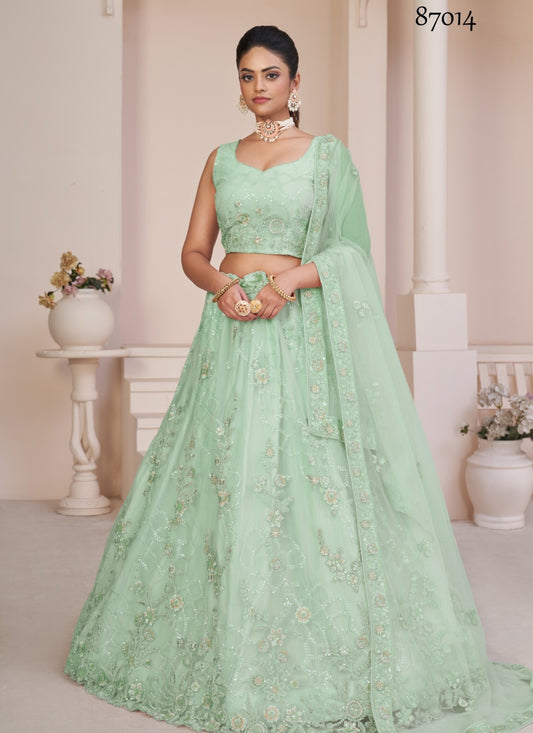 Sea Green Soft Net Party Wear Lehenga Choli with Thread and Sequins Work