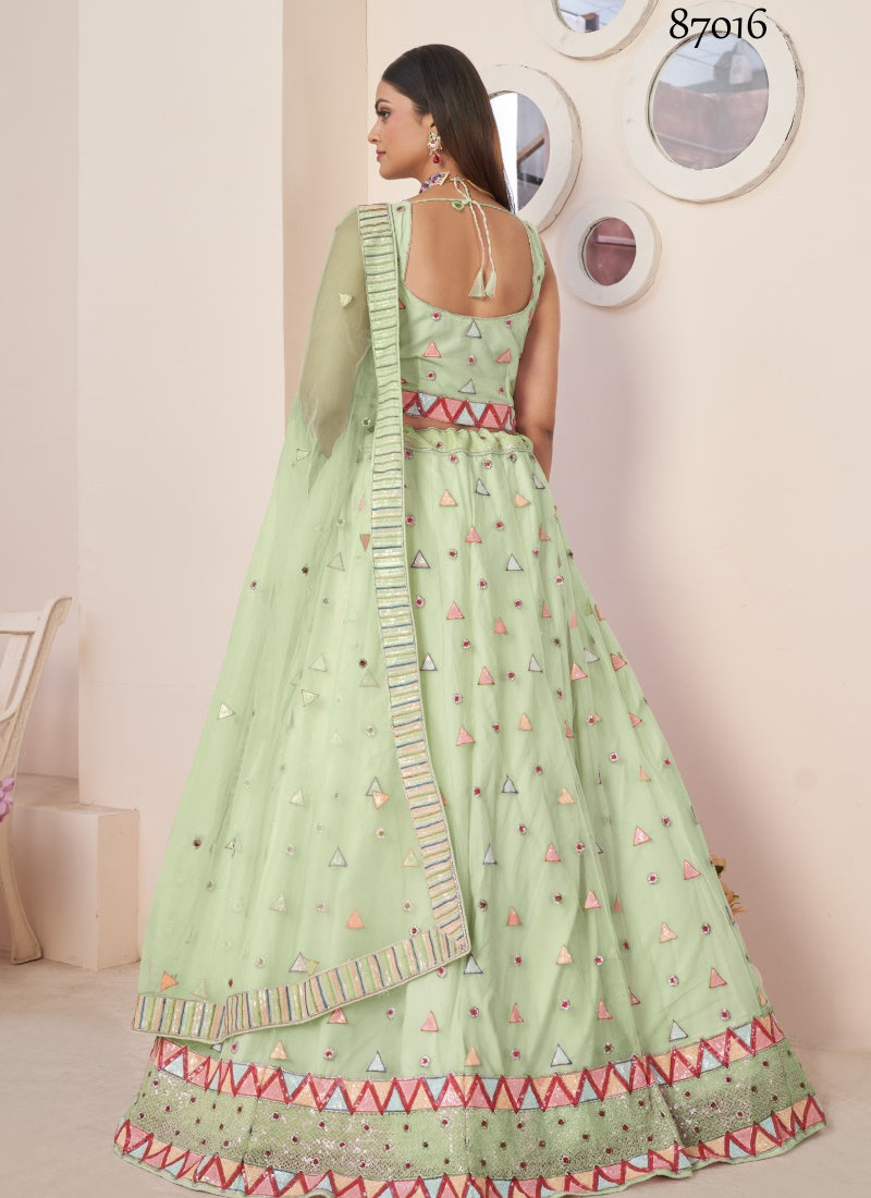 Green Soft Net Party Wear Lehenga Choli with Thread and Sequins Work-2