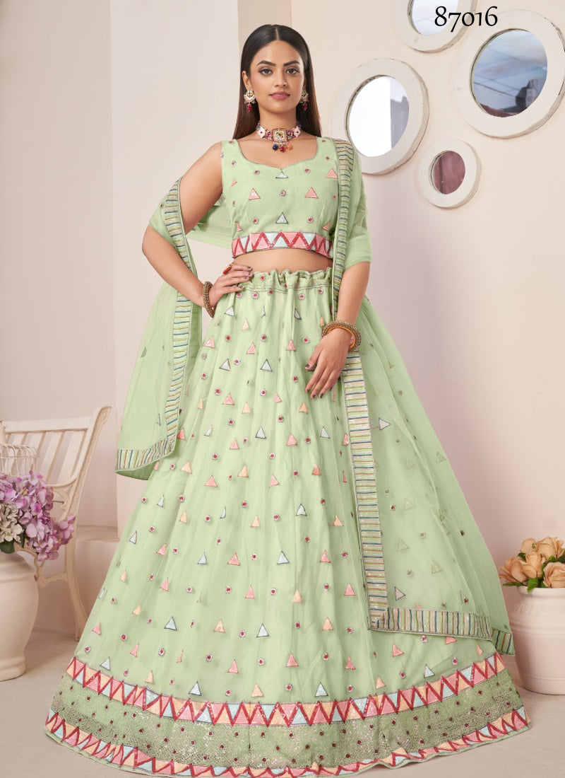 Green Soft Net Party Wear Lehenga Choli with Thread and Sequins Work