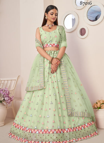 Green Soft Net Party Wear Lehenga Choli with Thread and Sequins Work-2