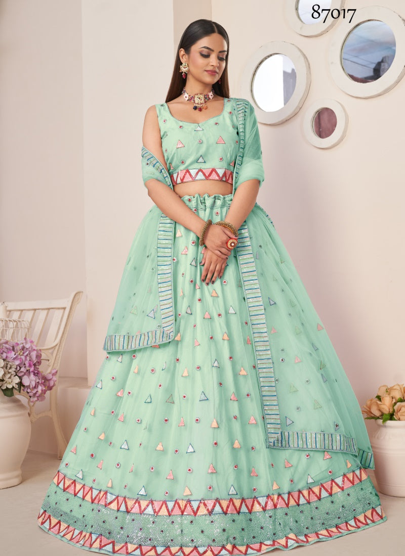 Sea Green Soft Net Party Wear Lehenga Choli with Thread and Sequins Work