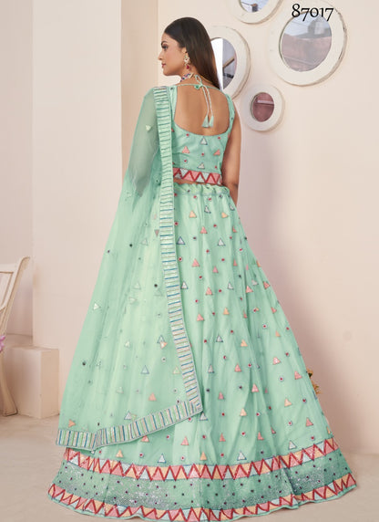 Sea Green Soft Net Party Wear Lehenga Choli with Thread and Sequins Work-2