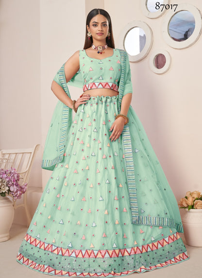 Sea Green Soft Net Party Wear Lehenga Choli with Thread and Sequins Work-2