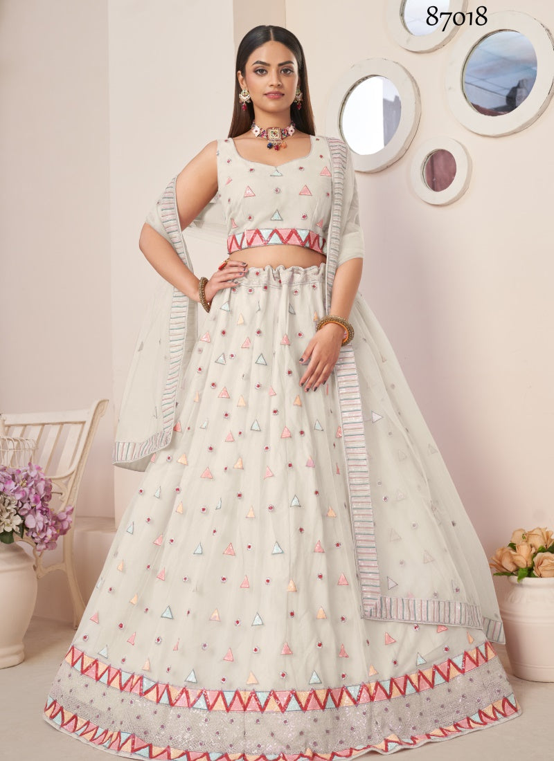 White Soft Net Party Wear Lehenga Choli with Thread and Sequins Work-2