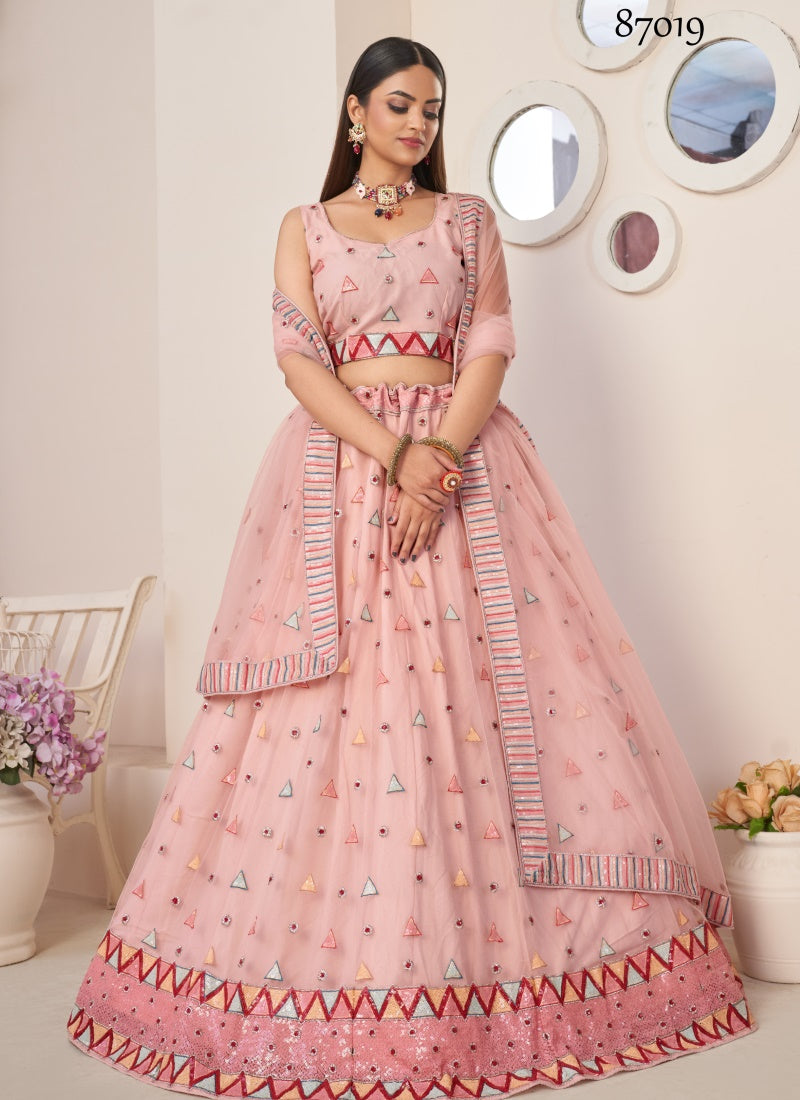 Pink Soft Net Party Wear Lehenga Choli with Thread and Sequins Work-2