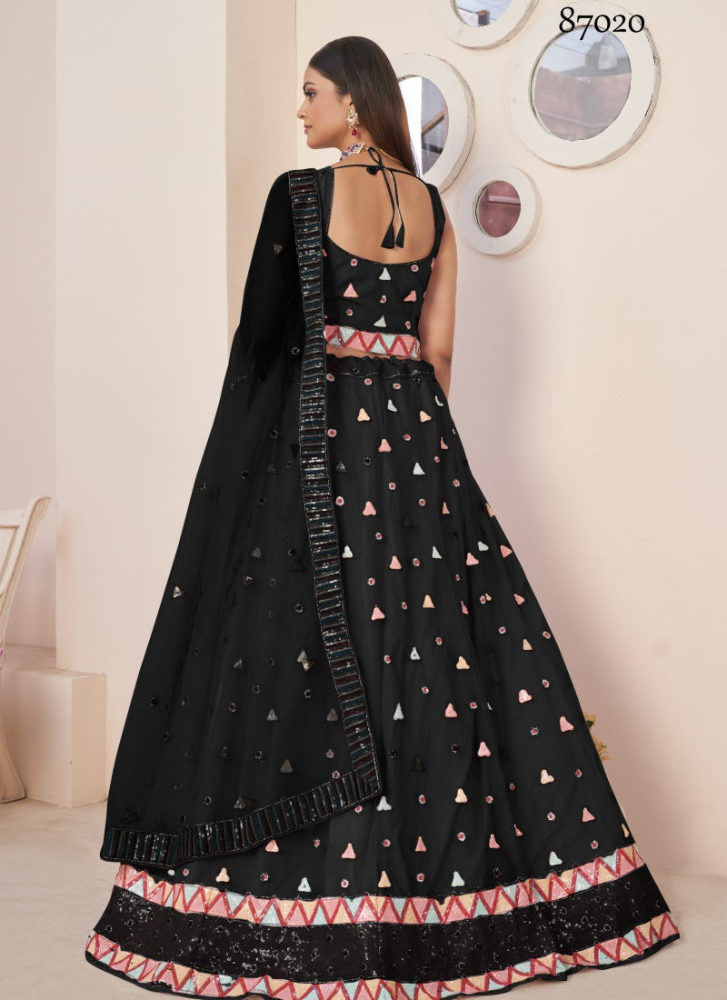 Black Soft Net Party Wear Lehenga Choli with Thread and Sequins Work-2